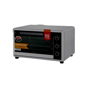 Electric Oven, Capacity: 55 L, Double Glass, Adjustable Temperature (100°C - 250°C), Timer: 120 minutes with Bell Ring, High-Efficiency Stainless Steel Heating Elements, Convection Function, Inner Light ,Non Stick Coating, Indicator Light, Power: 2200 W, Dimensions: 59x48x38 CM,inside dimensions:43x42x31 cm.