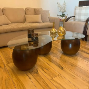 Siren Kidney-Shaped Glass Coffee Table with Spherical Wood Bases